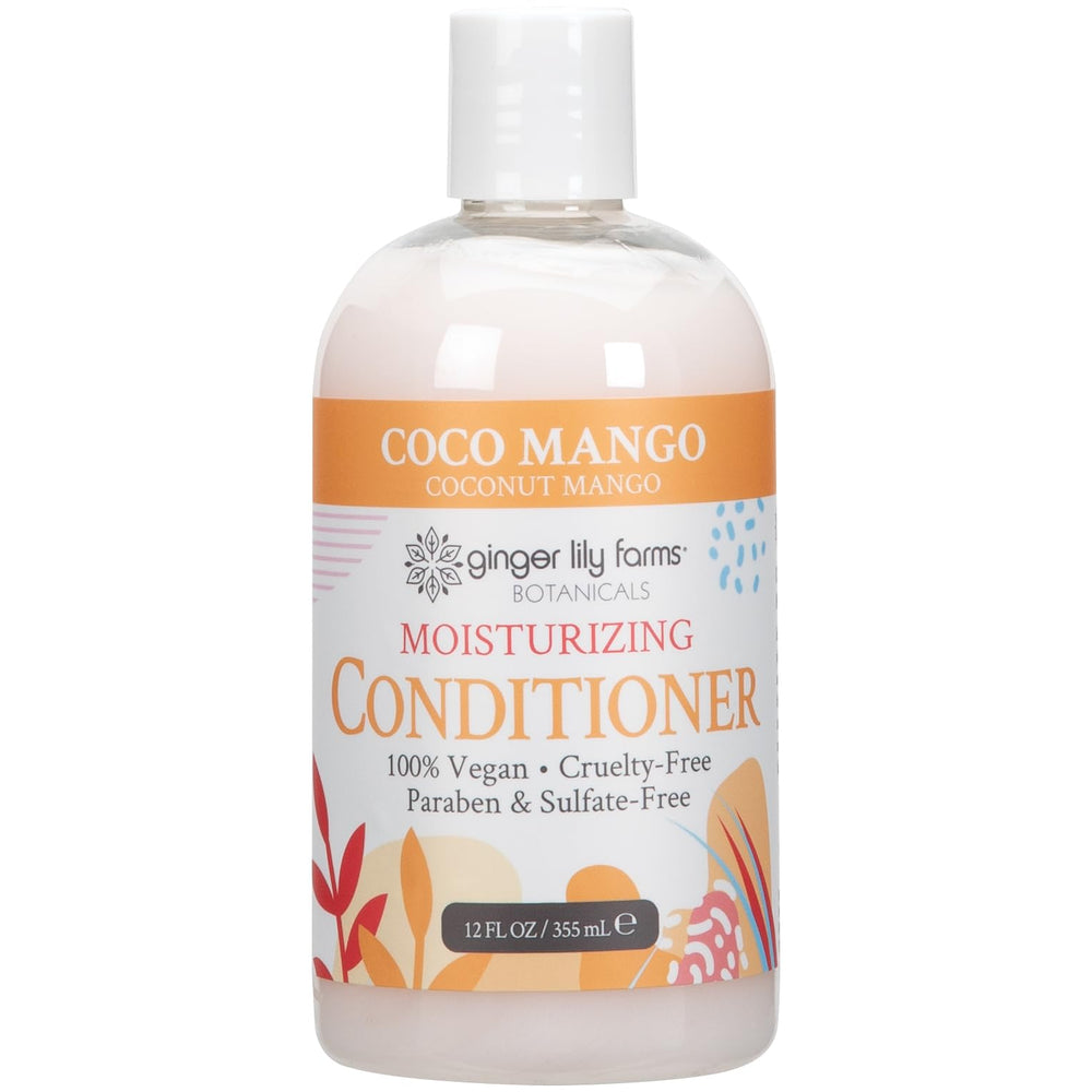 Ginger Lily Farms Botanicals Coco Mango conditioner bottle promotes silky, moisturized hair