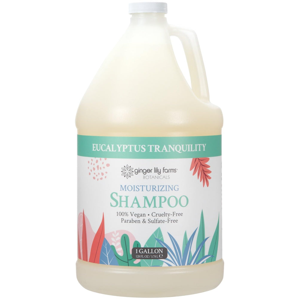 Ginger Lily Farms Botanicals Moisturizing Shampoo bottle shows eucalyptus tranquility for lasting moisture.