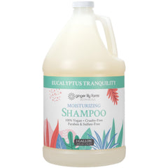 Ginger Lily Farms Botanicals Moisturizing Shampoo bottle shows eucalyptus tranquility for lasting moisture.