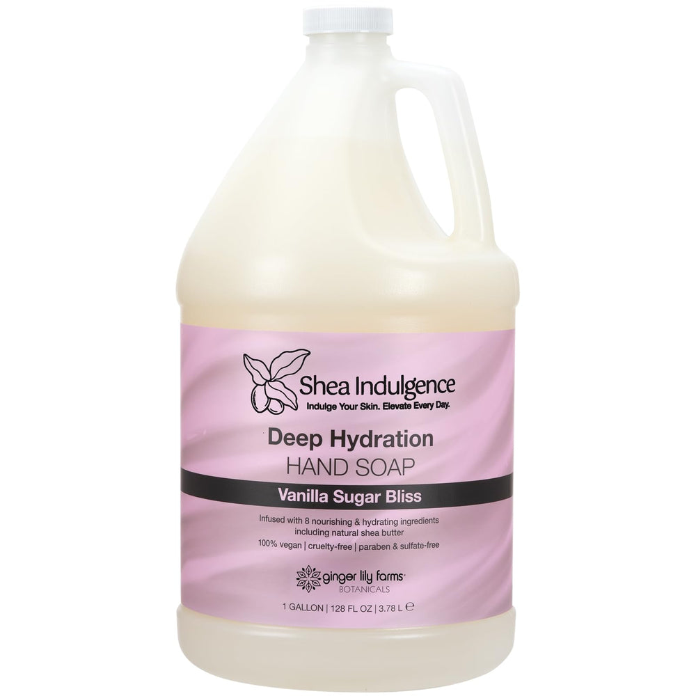 Ginger Lily Farms Botanicals Shea Indulgence hand soap gallon label showcases luxurious hydration