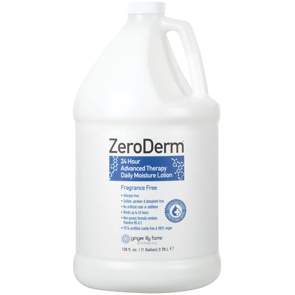 Ginger Lily Farms ZeroDerm 24hr lotion bottle for all-day hydration and fragrance-free care.