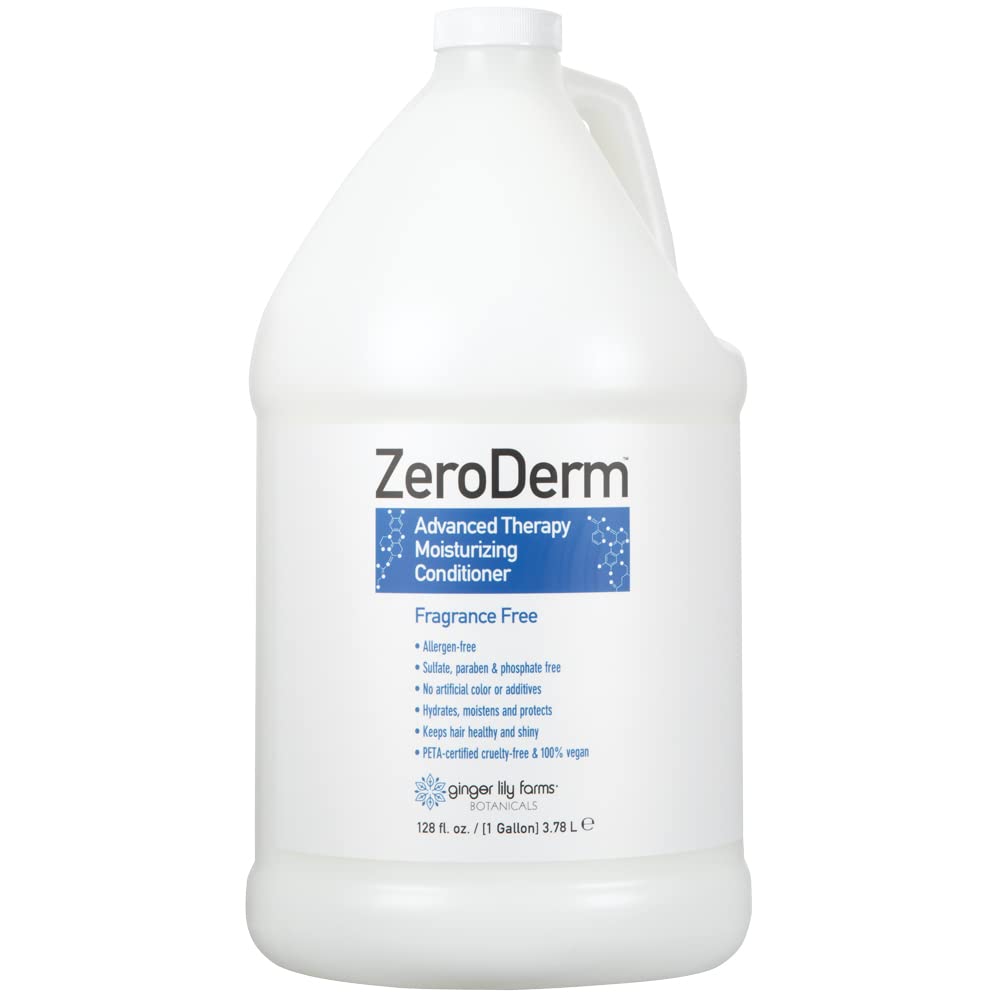 Ginger Lily Farms ZeroDerm Advanced Therapy Conditioner bottle shows fragrance-free hydration for all hair types.