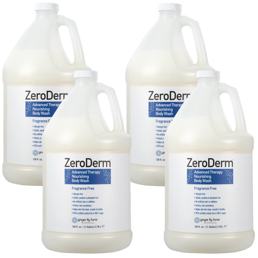 Ginger Lily Farms Zeroderm bottle pour shows fragrance-free cleansing for sensitive skin.