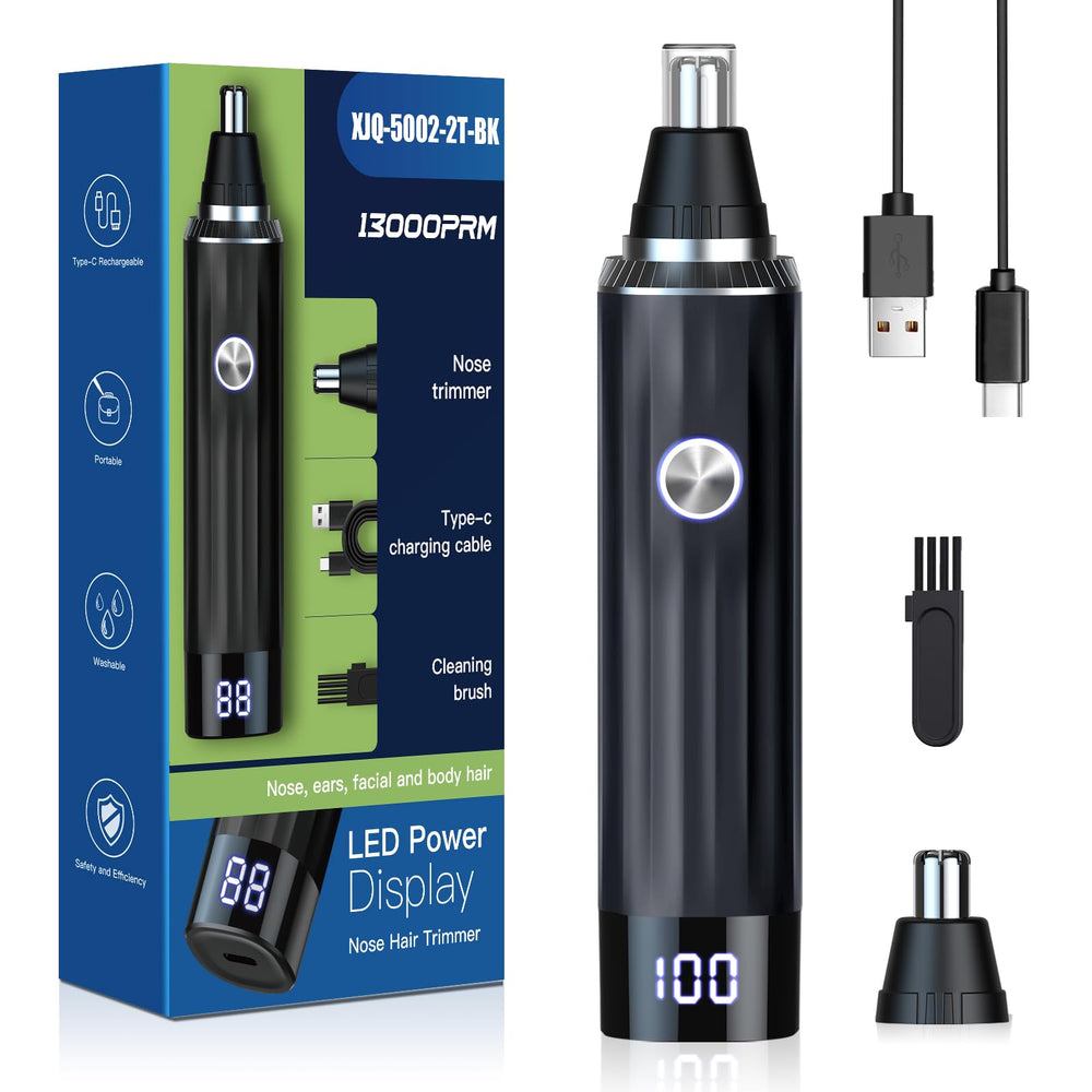 Ginity nose hair trimmer with LED display showing battery level for easy charging.