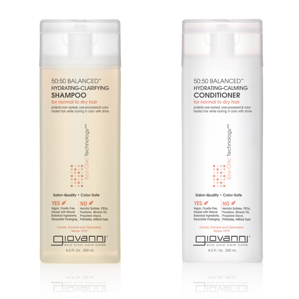 Giovanni 50:50 balance shampoo bottle shows a clarifying cleanse that hydrates.