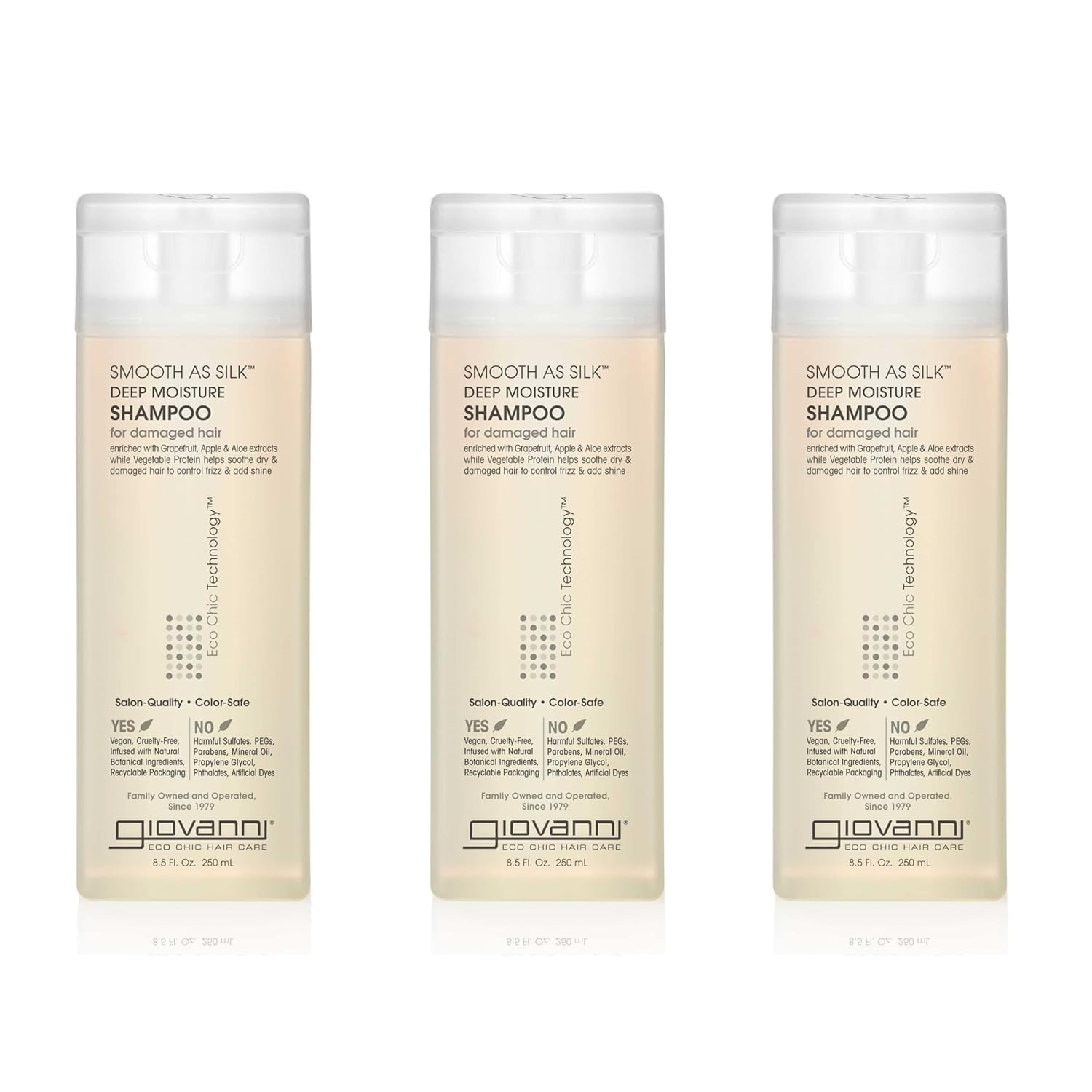 GIOVANNI bottle close-up highlighting Eco Chic Smooth as Silk for silky, manageable hair.