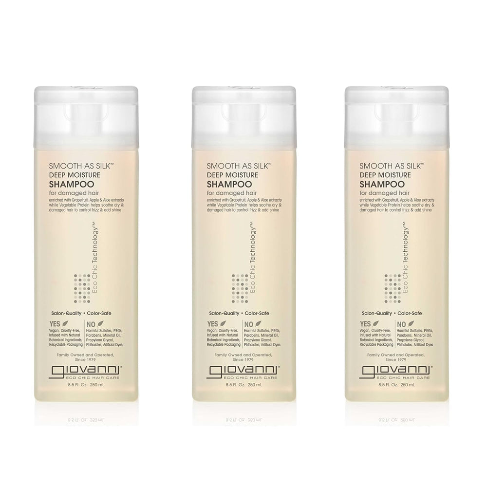 GIOVANNI bottle close-up highlighting Eco Chic Smooth as Silk for silky, manageable hair.