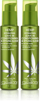 GIOVANNI hemp hydrating leave-in elixir bottle for detangling and frizz control.