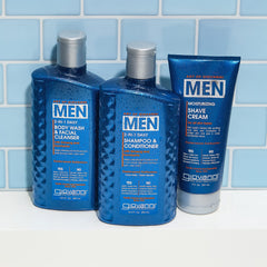 Giovanni Men’s Cedarwood Collection packaging highlights vegan-friendly, recyclable design.