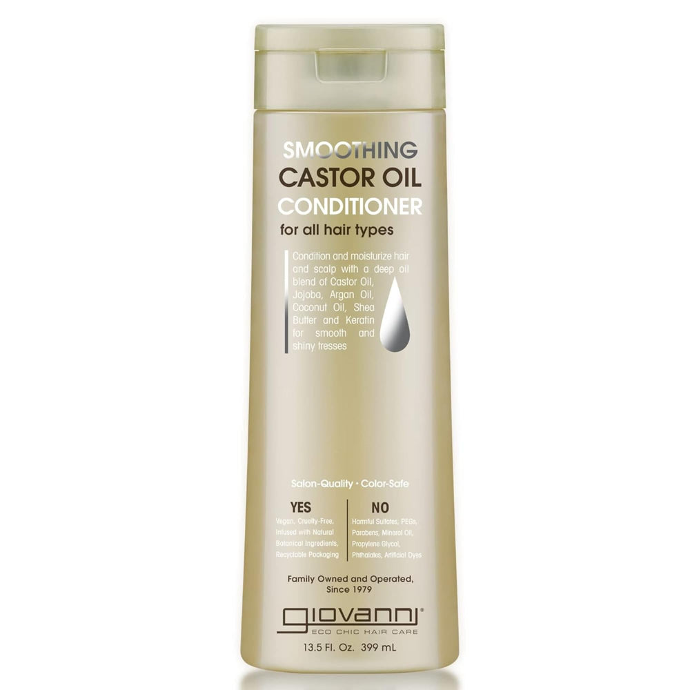 Giovanni smoothing castor oil conditioner bottle showing hydration and shine for all hair types