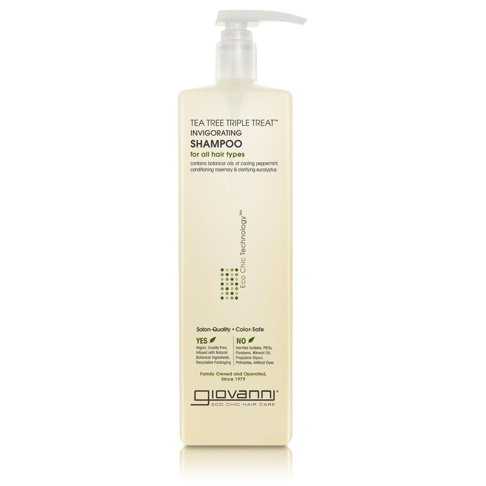 GIOVANNI Tea Tree Triple Treat shampoo bottle close-up shows a refreshing scalp cleanse.