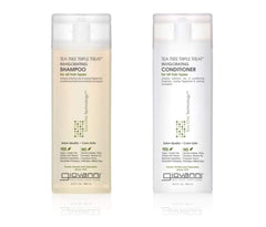 GIOVANNI Tea Tree Triple Treat shampoo bottle for scalp refreshment and color-safe cleansing.