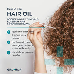 GIRL+HAIR G+H Strengthening Oil rosemary oil bottle emphasizes scalp invigorating properties.