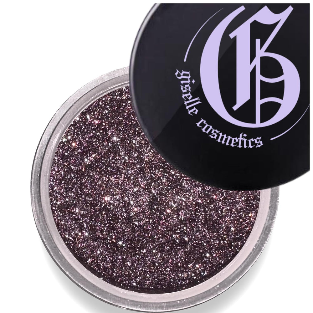 Giselle Cosmetics Black Cherry loose eyeshadow palette swatch for a rich smoky look.