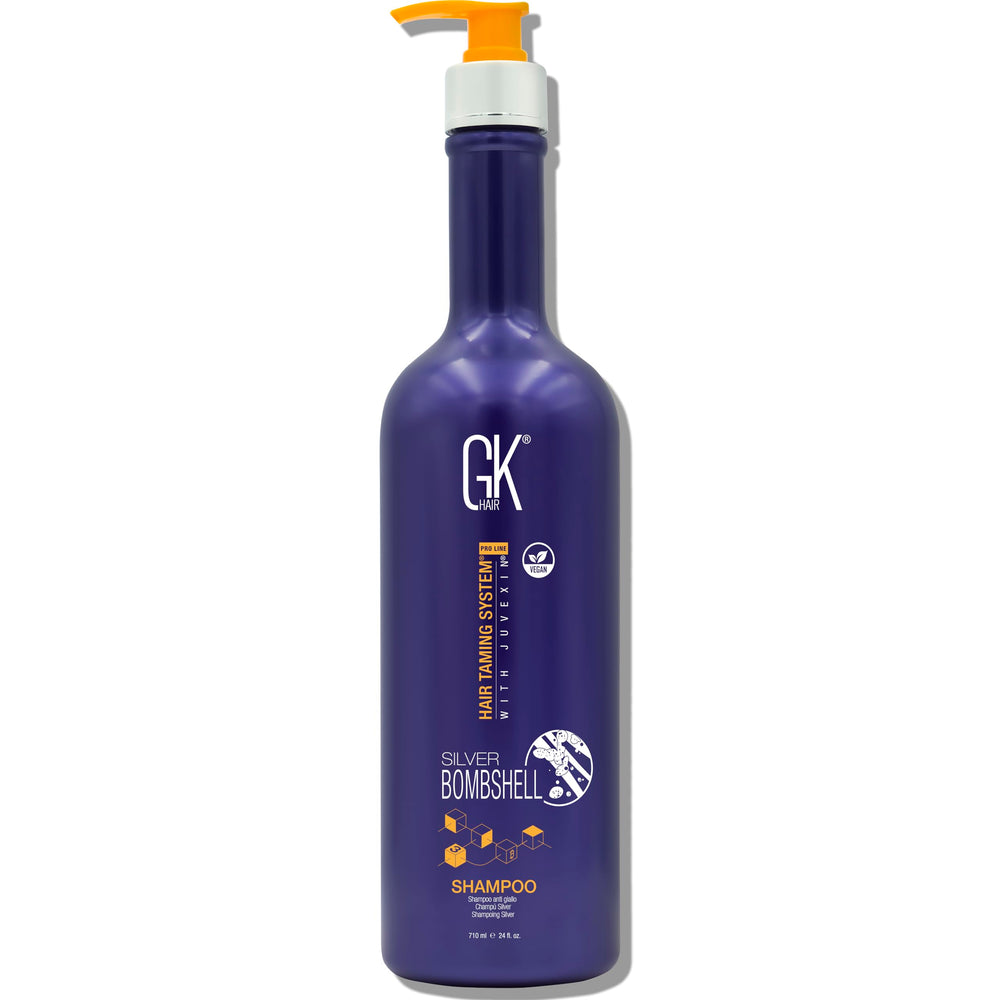 GK HAIR Silver Bombshell Shampoo bottle highlighting violet toning for cooler blonde tones