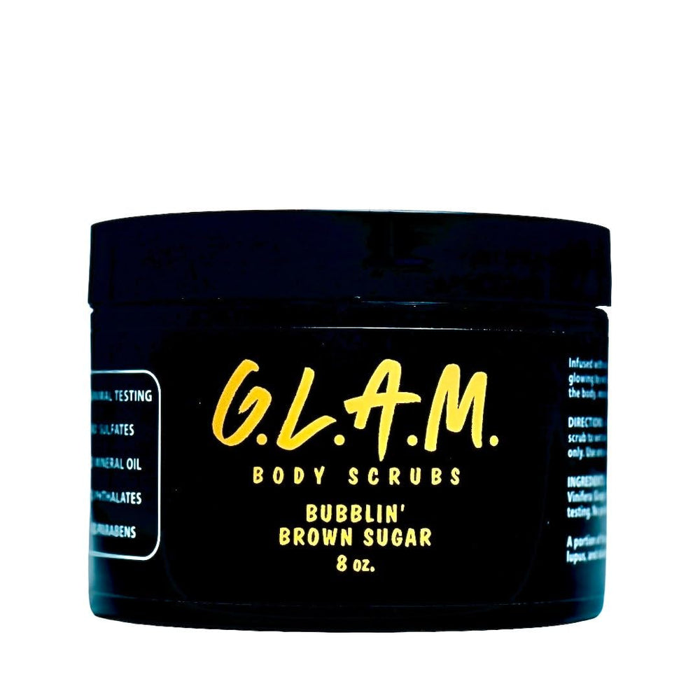 G.L.A.M. Bubblin Brown Sugar jar closeup showing whipped texture for gentle exfoliation