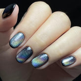 Glamermaid Laser Black Short Nails with Aurora Cat Eyes for a bold manicure and shine