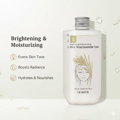 Glamfox Rice Niacinamide Toner packaging on vanity for daily glow routine