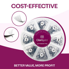 GlamGaze mixed lengths 8-15mm for versatile volume lash designs.