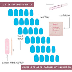 Glamnetic Azure Blue nails kit includes 12 sizes and a storage box for a perfect fit.