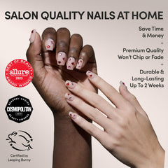 Glamnetic Dear Lover nails glossy nude finish for everyday elegance with playful hearts