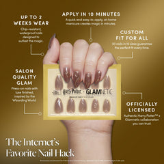Glamnetic Golden Cup nails worn on hand in short almond shape.