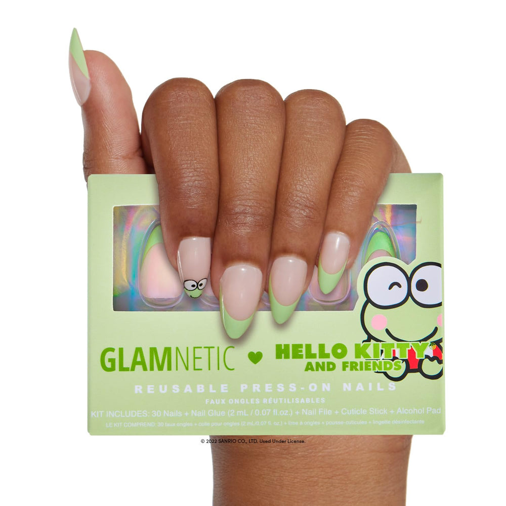 Glamnetic Keroppi green French tip short almond graphic nails for a chic, long-lasting manicure.