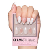 Glamnetic Lovey Dovey nails in glossy semi-transparent finish for a chic Valentine’s look.