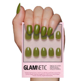 Glamnetic Moss Green press-on nails in an oval set for durable natural-looking wear.