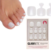 Glamnetic Hailey soft pearl white press-on toenails with glossy finish for a salon-like pedicure at home.
