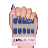 Glamnetic Regal Blue opaque dark blue nails with glossy salon finish.
