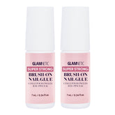 Glamnetic brush-on nail glue two bottles close-up for precise, mess-free at-home application.
