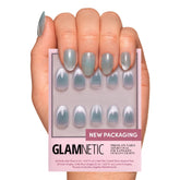 Glamnetic Unicorn Tears short oval nails in misty grey with velvet metallic finish.