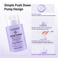 Glamonade acetone remover bottle highlighting 180ml capacity for home use.