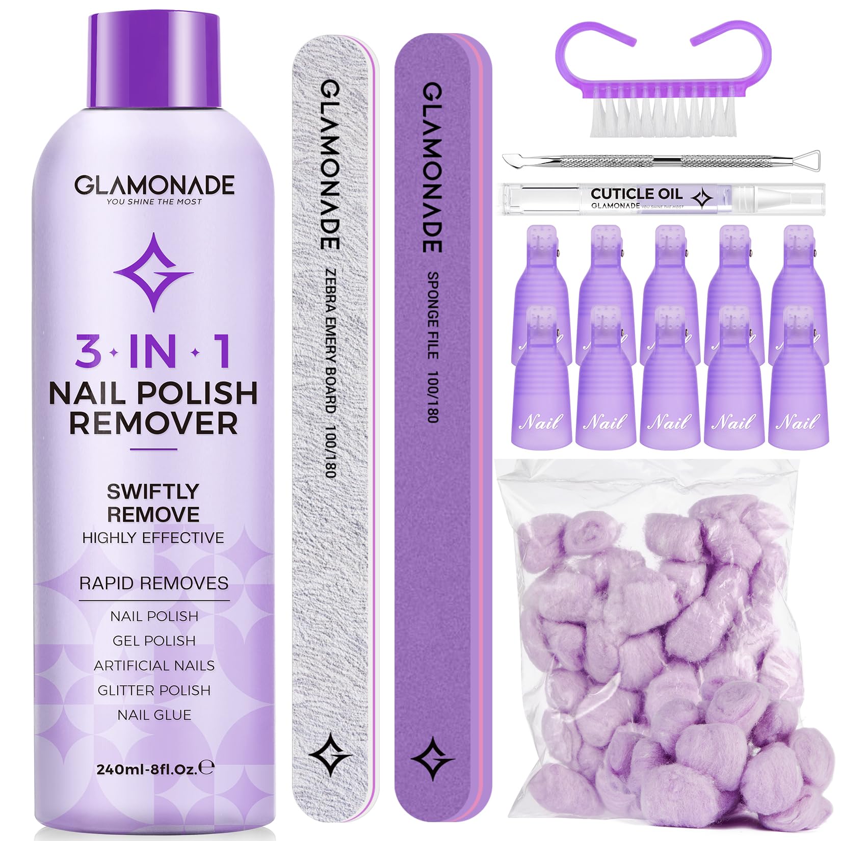 Glamonade acetone remover kit bottle demonstrates rapid gel polish removal and nourishment.