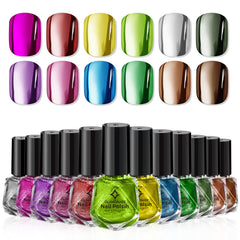 Glamonade metallic nail polish set with 12 colors displayed for bold chrome looks.