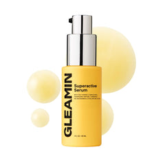 Gleamin Superactive Serum bottle close-up showing premium packaging for radiant skin