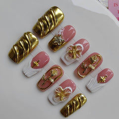 Gleamrain floral gold square nails for chic daily wear