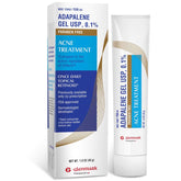 Glenmark Therapeutics Adapalene Gel 0.1% tube on white background, paraben-free daily acne care.