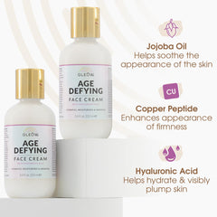 GLEOW Copper Peptide enriched formula bottle highlights revitalization feel.