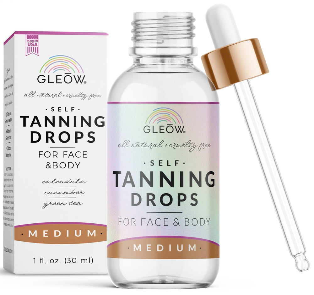 GLEOW Face Tanning Drops bottle close-up showing even face and body glow