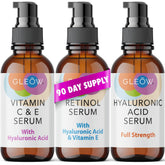 GLEOW total package serum set displayed on vanity showing a complete care routine for even skin tone