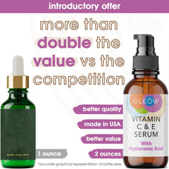 GLEOW Vitamin C serum bottle with pump highlighting brightening and hydration benefits