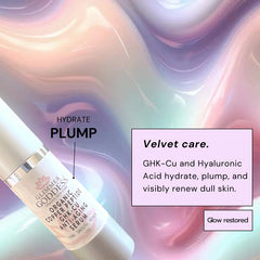 Glimmer Goddess serum-ingredient-illustration highlights copper peptides and matrixyl benefits.