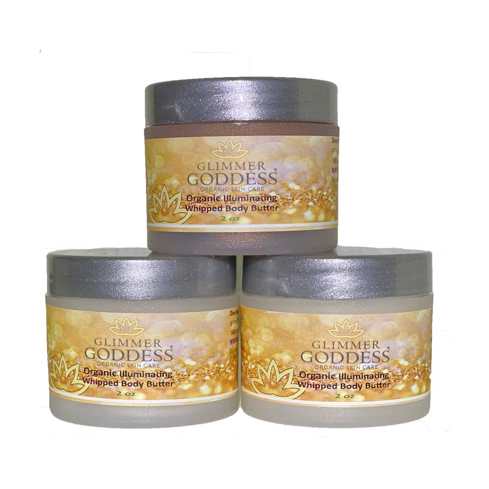 Glimmer Goddess bronze glow shimmer body butter provides rich hydration and bronze radiance.