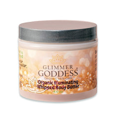 Glimmer Goddess whipped body butter in a jar with gold shimmer for radiant skin.