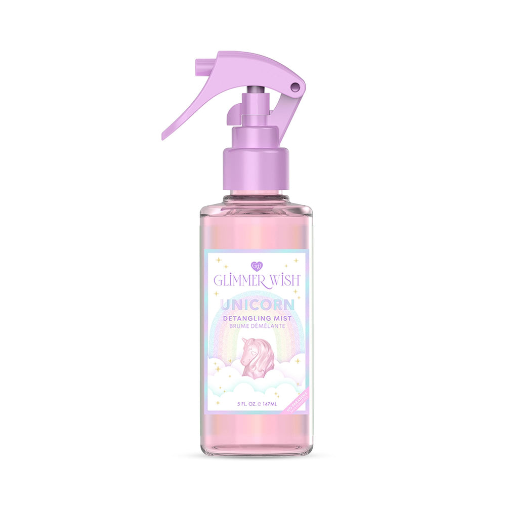 Glimmer Wish unicorn detangler spray bottle eases tangles with coconut and macadamia oils