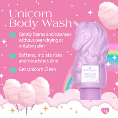 Glimmer Wish Unicorn Kids Body Wash label closeup shows vanilla cotton candy scent