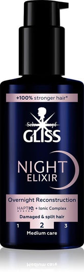 Gliss Night Elixir bottle pour demonstrating overnight application benefits