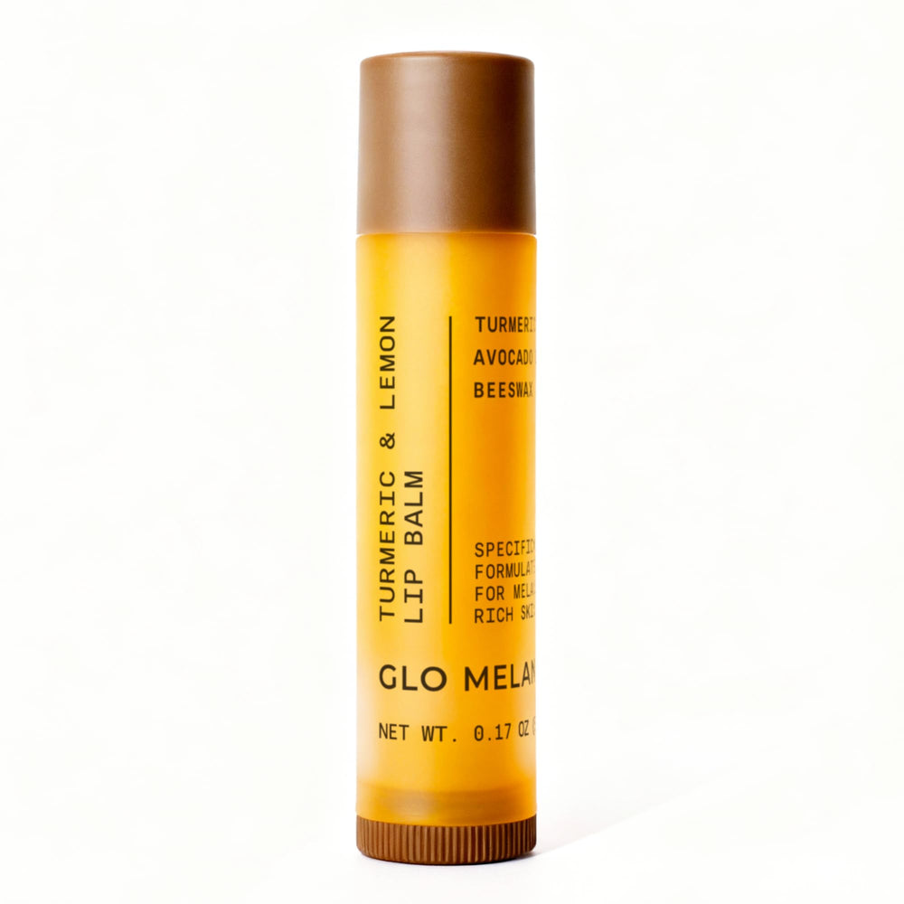 Glo Melanin lemon-turmeric lip balm tube; natural brightening and smooth lips on the go